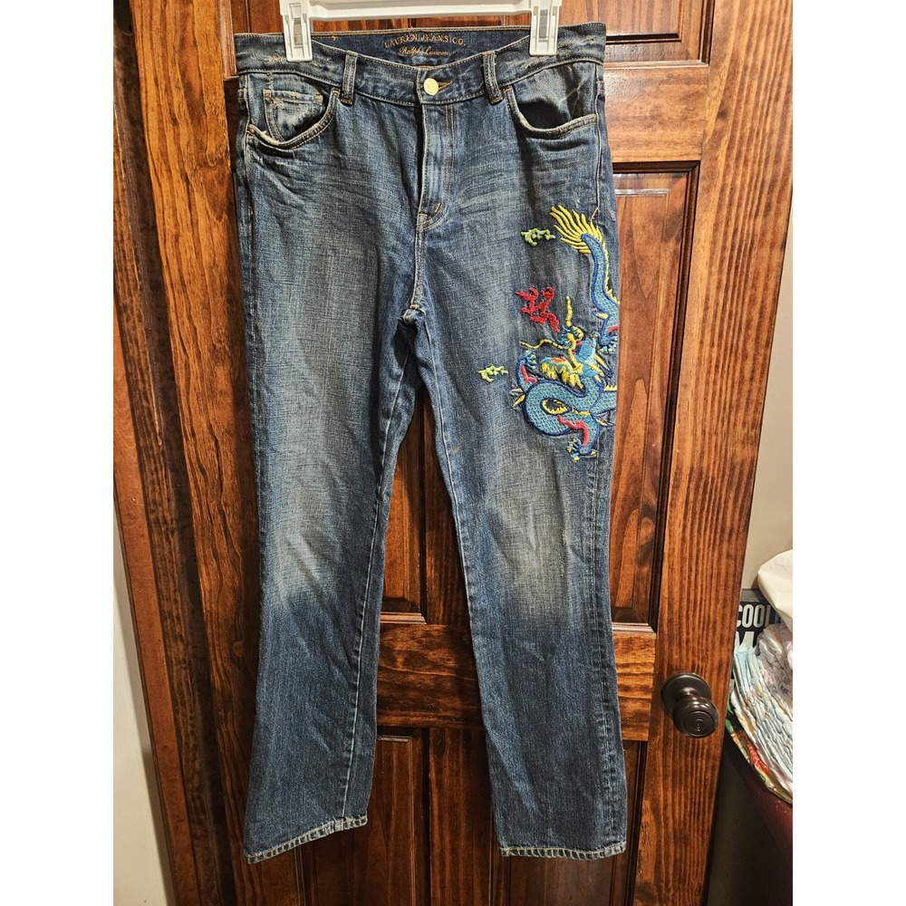 Ralph Lauren Asian Dragon Embroidered Jeans Womens Blue Denim Y2K Distressed 6